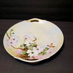 Antique ZS & Co Bavaria Handled Cake Plate, 11" Signed 1915 Floral Hand Painted